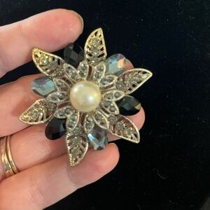 Elegant Silver and Black Floral Brooch